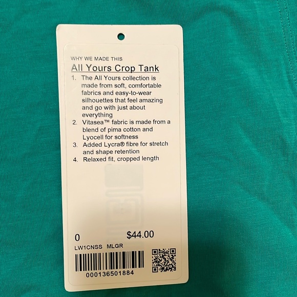Lululemon All Yours Crop Tank Top Maldives Green SIZE 0 NWT - Picture 7 of 8